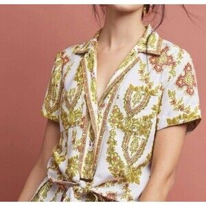 Anthropologie Echarpe Cropped Blouse French Brocade Pattern Blue Red Yellow Sz 4